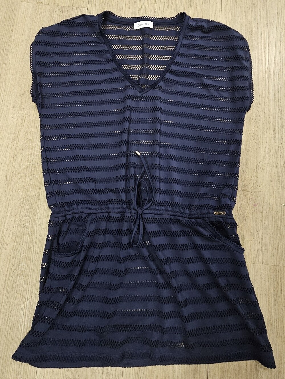 Calvin Klein Navy Blue Open Knit Striped V-Neck Swim Cover Up Dress